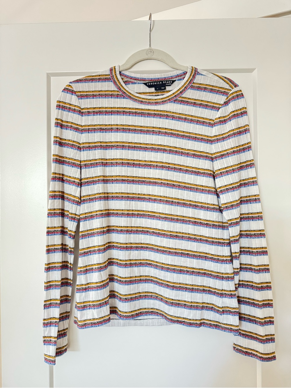 Veronica Beard White Multi-Striped Ribbed Long-Sleeve Knit Top